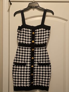 Black & White Houndstooth Mini Dress with Gold Buttons